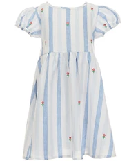 Adventurewear 360 Little Girls Stripe Floral Embroidered Puff Sleeve Dress