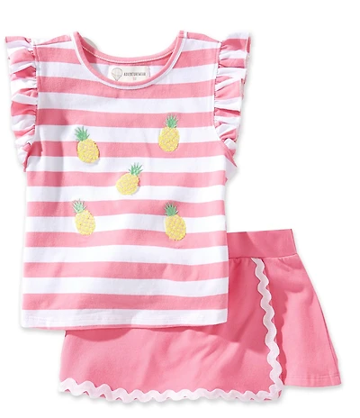 Adventurewear 360 Little Girls Stripe Print Pineapple Scoop Neck Short Ruffle Sleeve & Pull-On Ric Rac Skort Set
