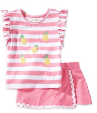 Adventurewear 360 Little Girls Stripe Print Pineapple Scoop Neck Short Ruffle Sleeve & Pull-On Ric Rac Skort Set