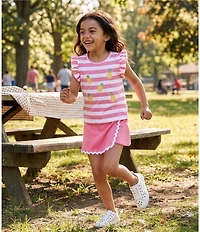 Adventurewear 360 Little Girls Stripe Print Pineapple Scoop Neck Short Ruffle Sleeve & Pull-On Ric Rac Skort Set