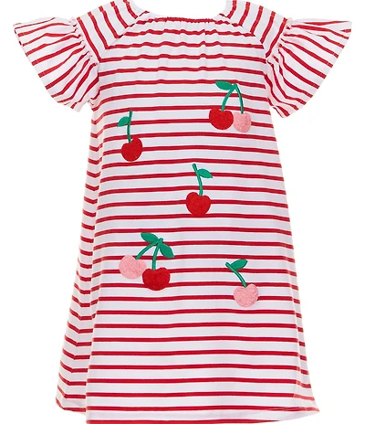 Adventurewear 360 Little Girls Striped Short Ruffle Sleeve Cherry Applique A-Line Dress