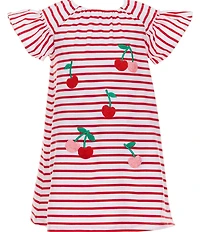 Adventurewear 360 Little Girls Striped Short Ruffle Sleeve Cherry Applique A-Line Dress