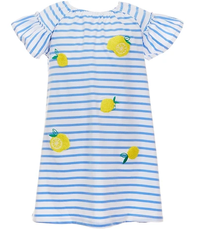 Adventurewear 360 Little Girls Striped Short Ruffle Sleeve Lemon Applique A-Line Dress