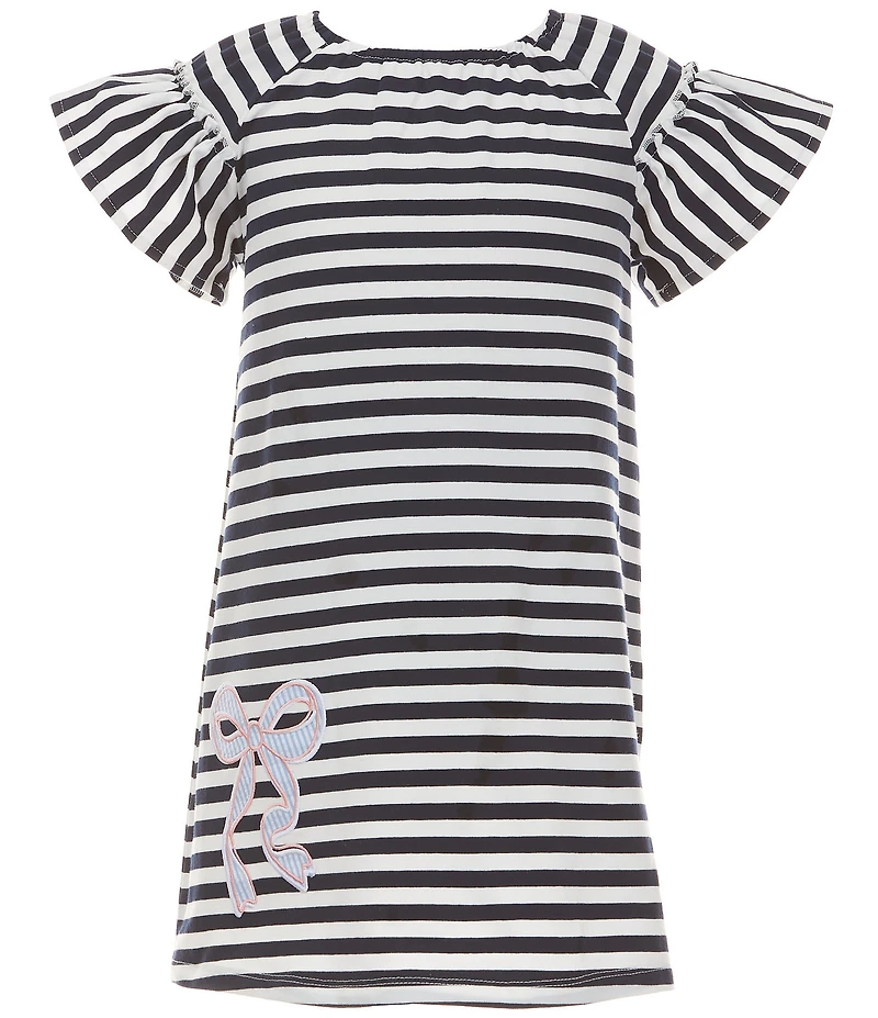 Adventurewear 360 Little Girls Striped Ruffle Cap Sleeve Embroidered Bow Knit Dress