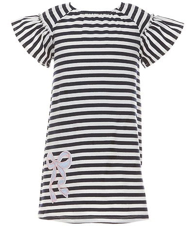 Adventurewear 360 Little Girls Striped Ruffle Cap Sleeve Embroidered Bow Knit Dress