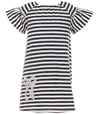 Adventurewear 360 Little Girls Striped Ruffle Cap Sleeve Embroidered Bow Knit Dress