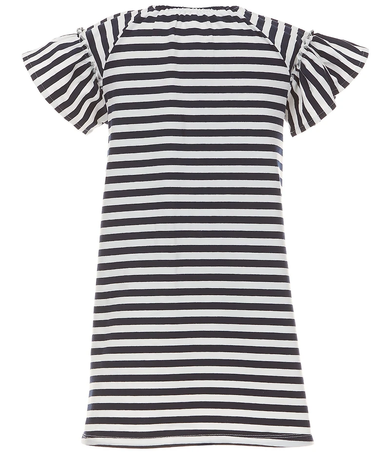 Adventurewear 360 Little Girls Striped Ruffle Cap Sleeve Embroidered Bow Knit Dress