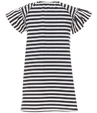 Adventurewear 360 Little Girls Striped Ruffle Cap Sleeve Embroidered Bow Knit Dress