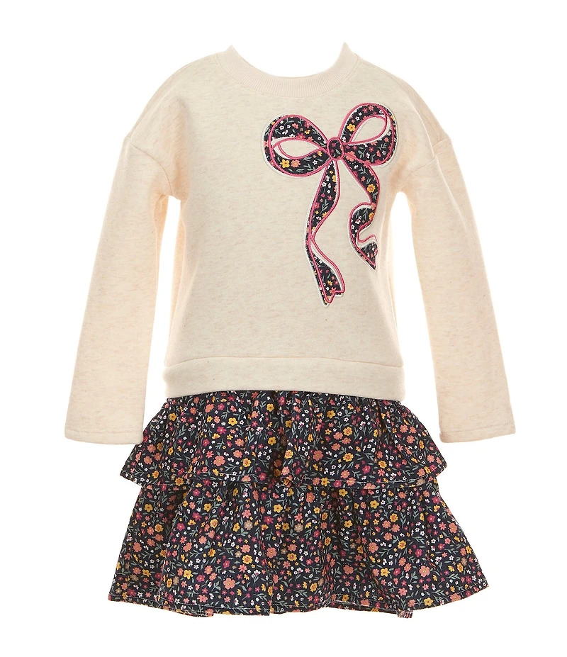 Adventurewear 360 Little Girls Long Sleeve Floral Bow Applique French Terry Dress