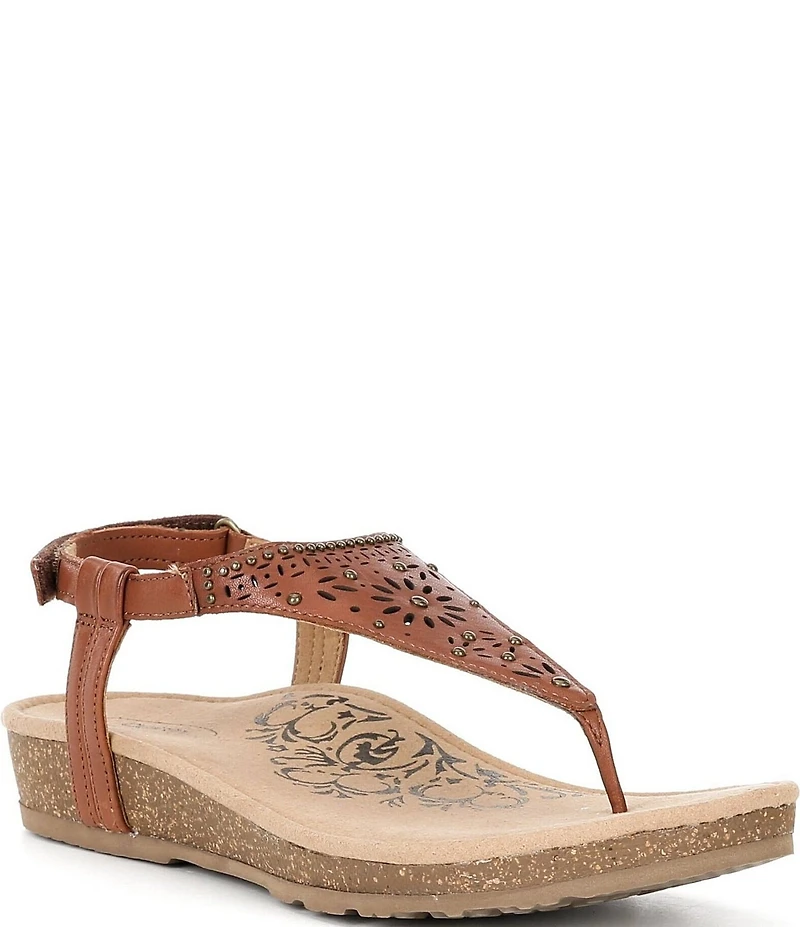 Aetrex Evelyn Perforated Leather Hook-and-Loop Thong Sandals