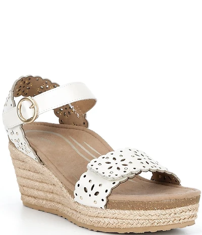 Aetrex Sydney Floral Perforated Leather Espadrille Platform Wedge Sandals