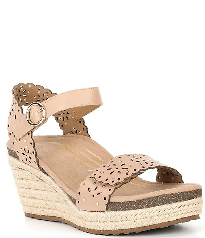 Aetrex Sydney Floral Perforated Leather Espadrille Platform Wedge Sandals