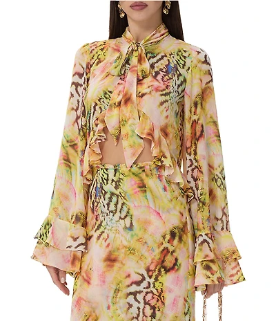 AFRM Aldora Printed Georgette Neck Tie Long Sleeve Coordinating Top