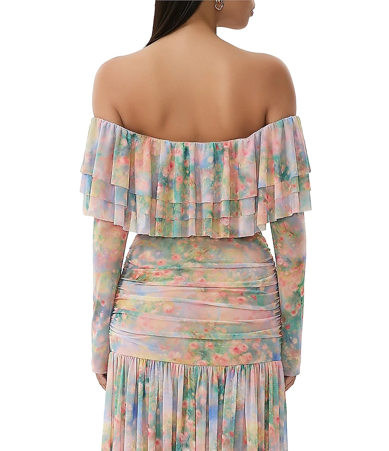 AFRM Alma Printed Mesh Knit One Shoulder Neck Long Sleeve Ruffle Coordinating Top