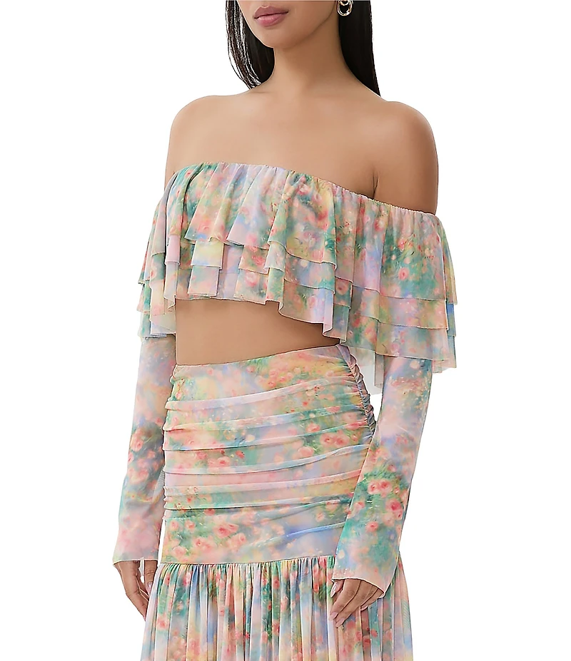 AFRM Alma Printed Mesh Knit One Shoulder Neck Long Sleeve Ruffle Coordinating Top