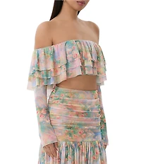 AFRM Alma Printed Mesh Knit One Shoulder Neck Long Sleeve Ruffle Coordinating Top