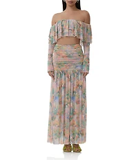 AFRM Alma Printed Mesh Knit One Shoulder Neck Long Sleeve Ruffle Coordinating Top