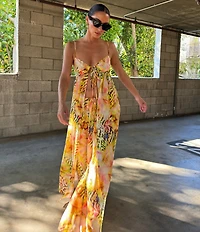 AFRM Anton Printed Scoop Neck Sleeveless Open Front Georgette Maxi Vest