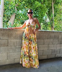 AFRM Anton Printed Scoop Neck Sleeveless Open Front Georgette Maxi Vest