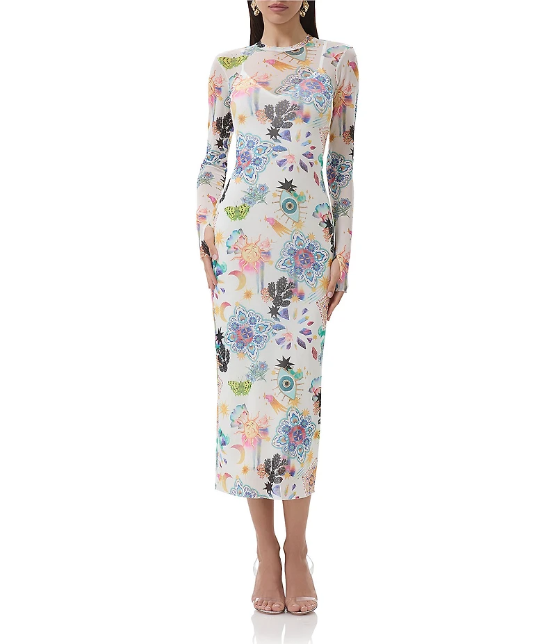 AFRM Ashland Floral Printed Mesh Crew Neck Long Sleeve Sheath Midi Dress