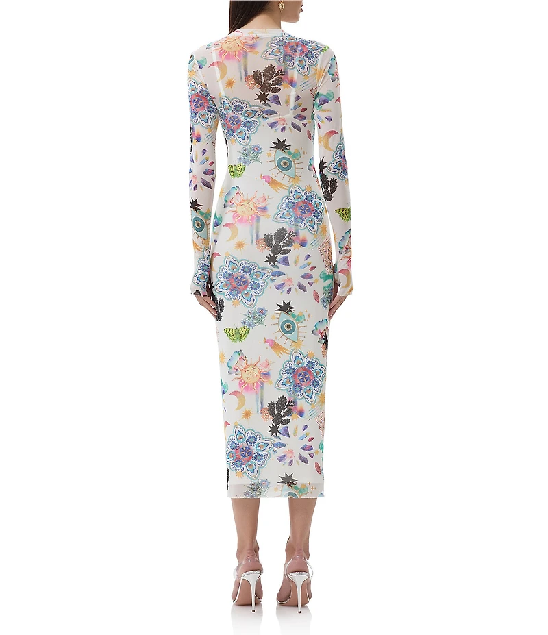 AFRM Ashland Floral Printed Mesh Crew Neck Long Sleeve Sheath Midi Dress