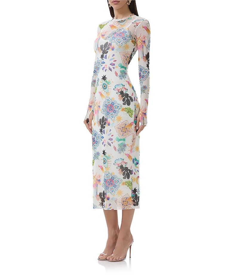AFRM Ashland Floral Printed Mesh Crew Neck Long Sleeve Sheath Midi Dress