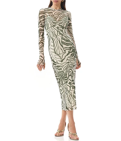 AFRM Ashland Printed Mesh Crew Neck Long Sleeves Midi Dress