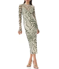 AFRM Ashland Printed Mesh Crew Neck Long Sleeves Midi Dress