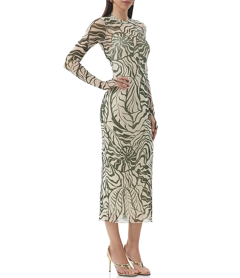 AFRM Ashland Printed Mesh Crew Neck Long Sleeves Midi Dress