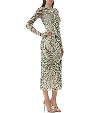AFRM Ashland Printed Mesh Crew Neck Long Sleeves Midi Dress