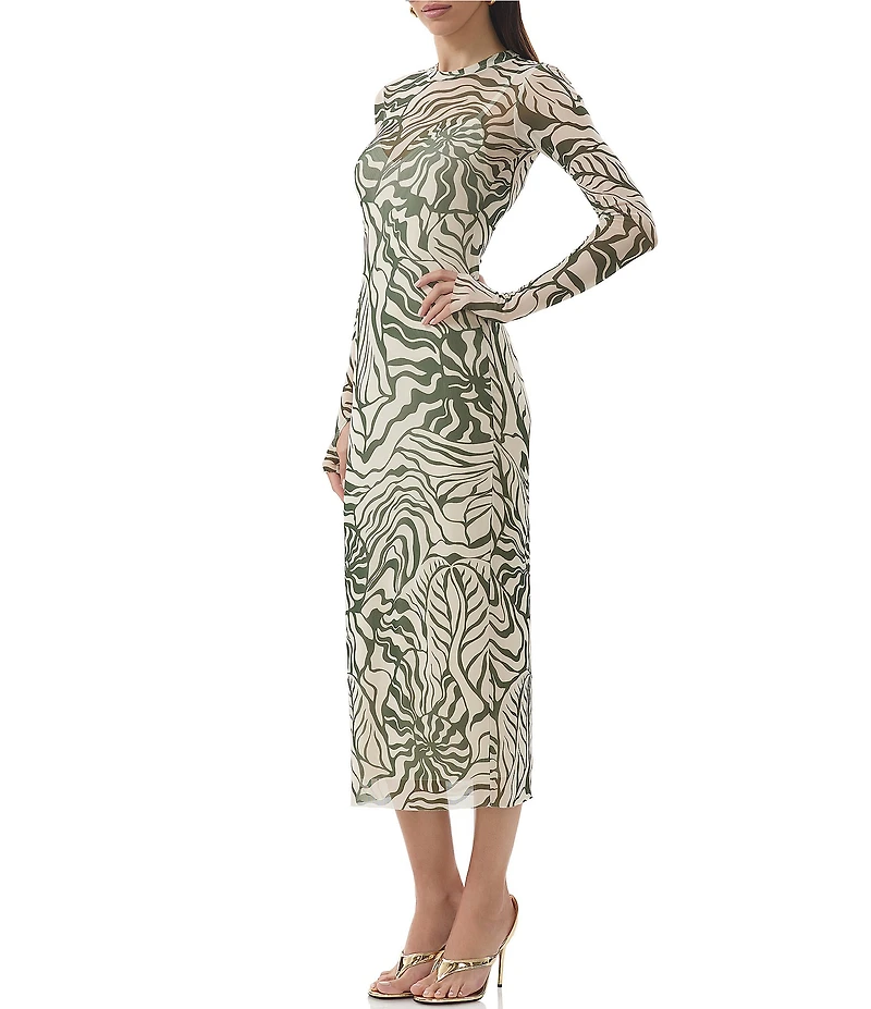 AFRM Ashland Printed Mesh Crew Neck Long Sleeves Midi Dress