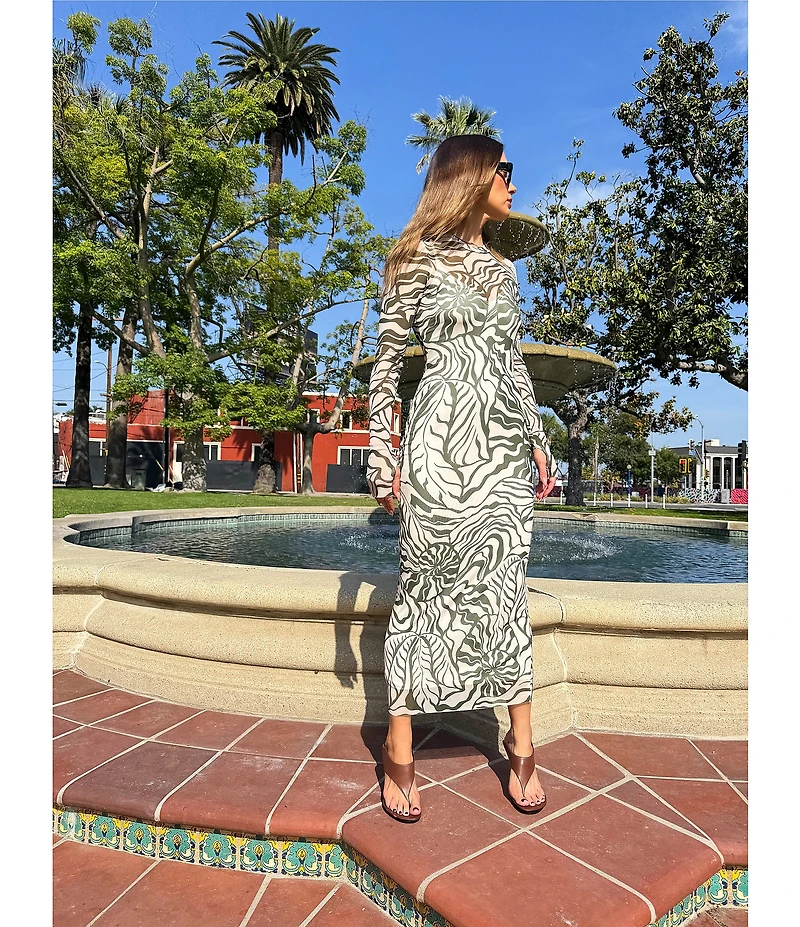 AFRM Ashland Printed Mesh Crew Neck Long Sleeves Midi Dress