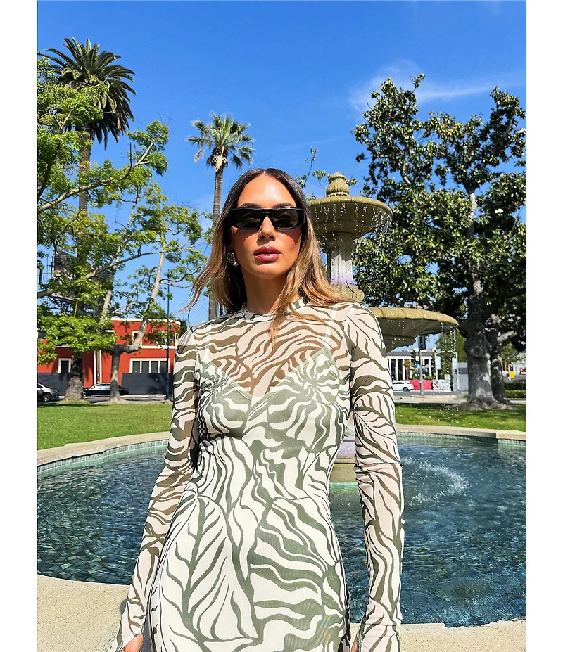 AFRM Ashland Printed Mesh Crew Neck Long Sleeves Midi Dress