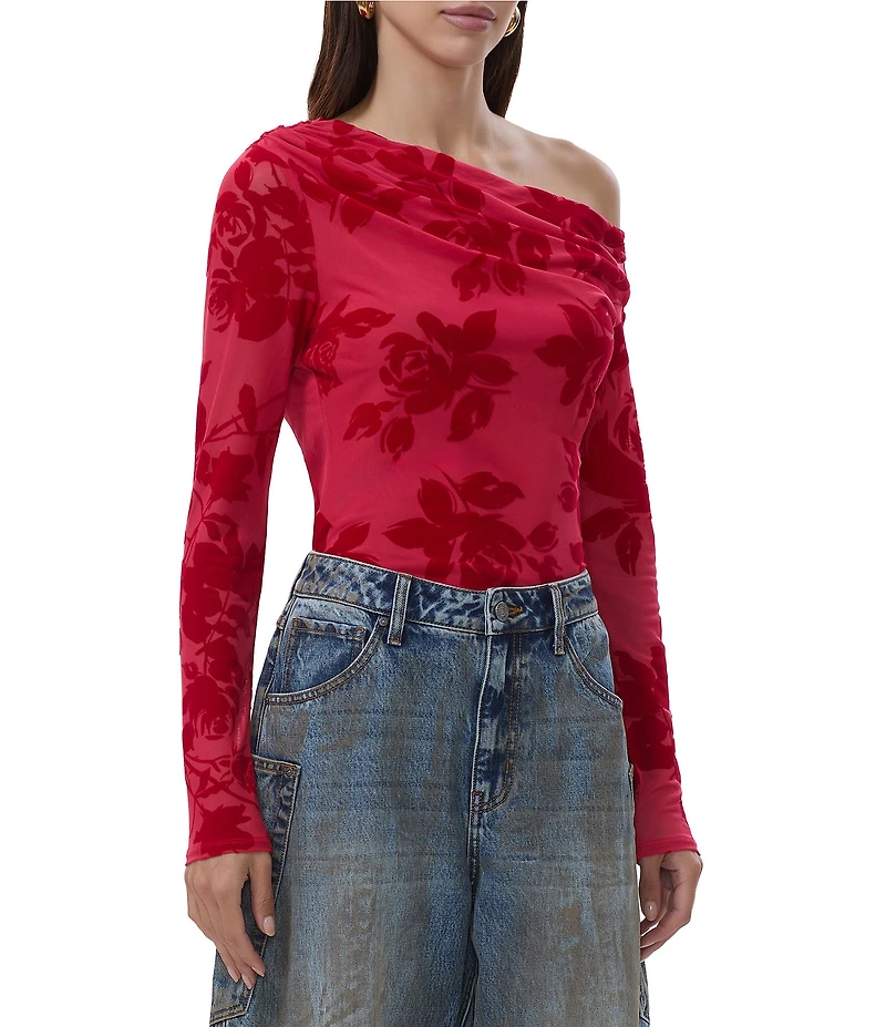 AFRM Barry Floral Flocked Mesh Off-the-Shoulder Long Sleeve Top