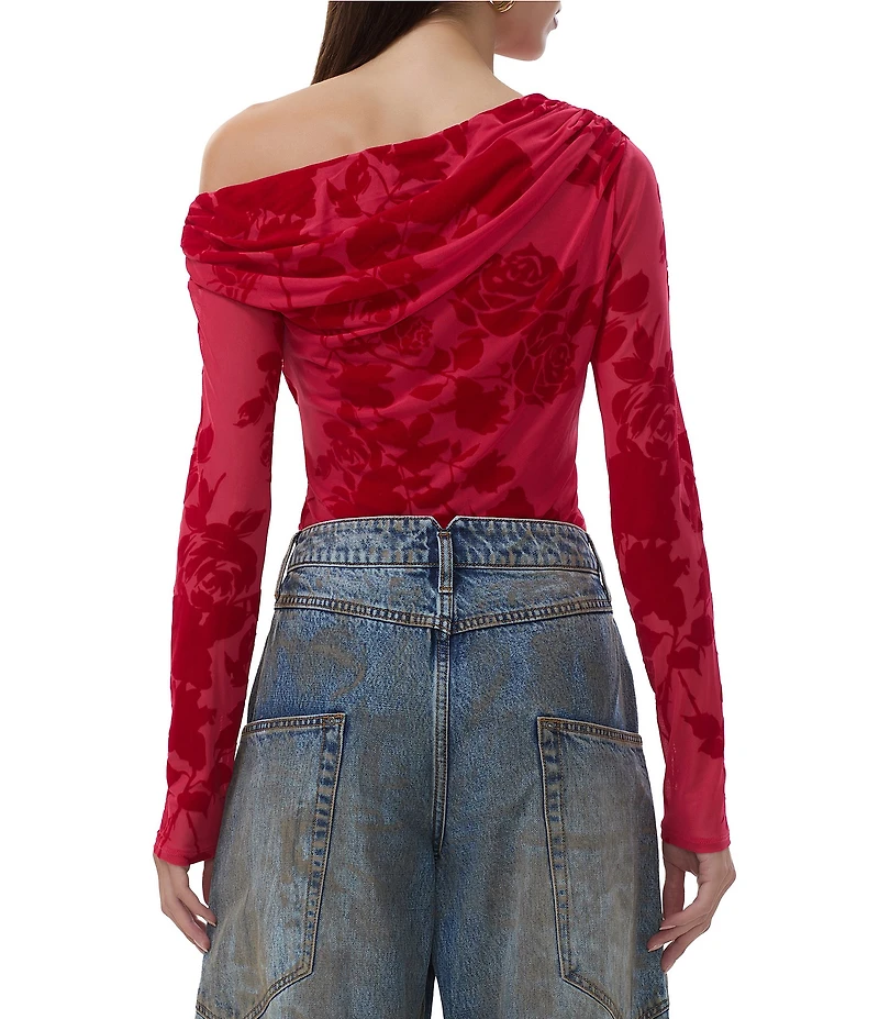AFRM Barry Floral Flocked Mesh Off-the-Shoulder Long Sleeve Top