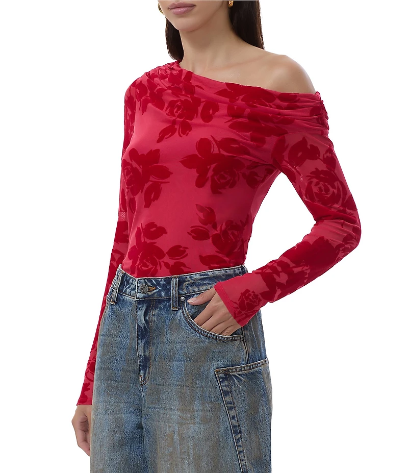 AFRM Barry Floral Flocked Mesh Off-the-Shoulder Long Sleeve Top