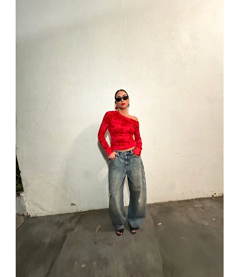 AFRM Barry Floral Flocked Mesh Off-the-Shoulder Long Sleeve Top