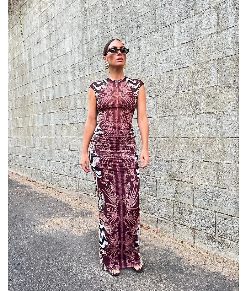 AFRM Bevin Printed High Waisted Mesh Coordinating Maxi Skirt
