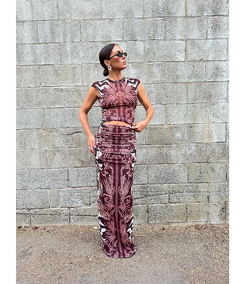 AFRM Bevin Printed High Waisted Mesh Coordinating Maxi Skirt