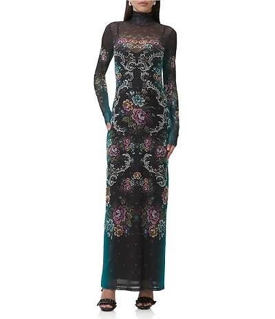 AFRM Billie Baroque Floral Print Mock Neck Long Sleeve Mesh Maxi Dress