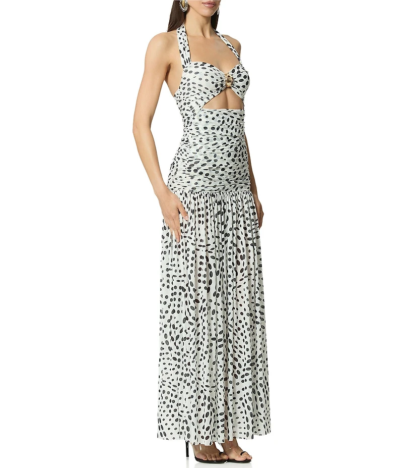 AFRM Blane Hardware Dot Printed Halter Neck Sleeveless Power Mesh Maxi Dress