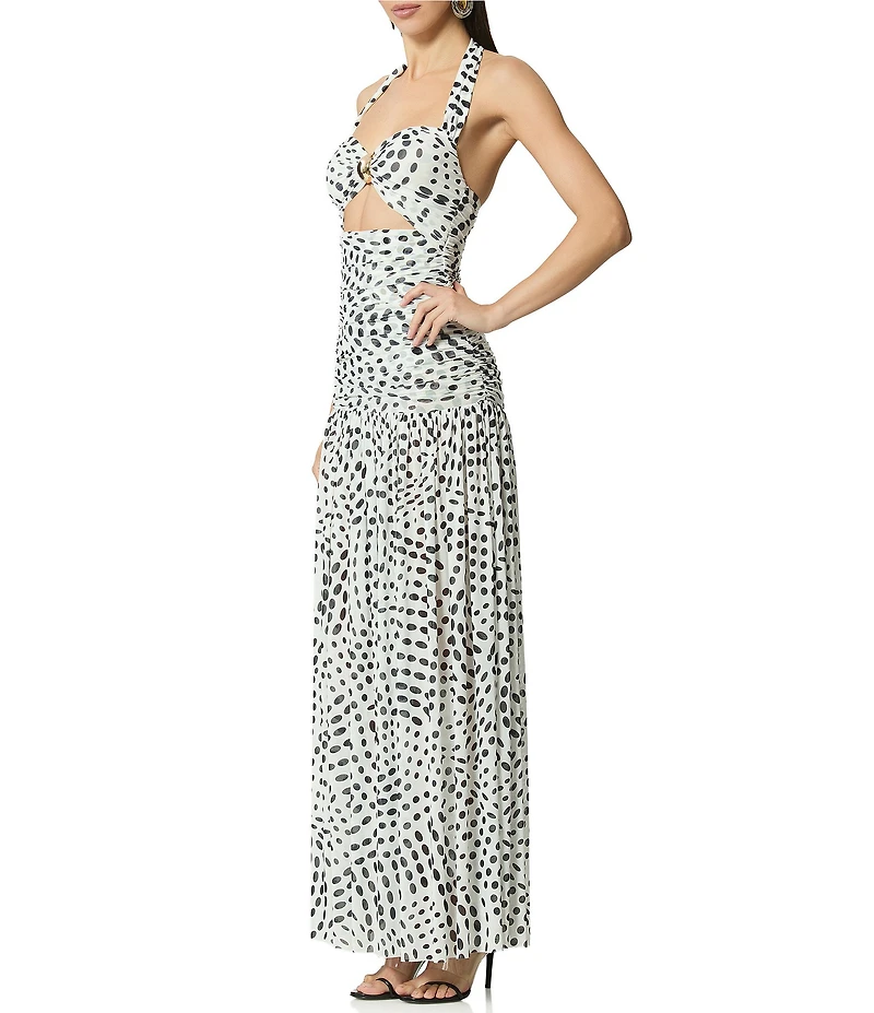 AFRM Blane Hardware Dot Printed Halter Neck Sleeveless Power Mesh Maxi Dress