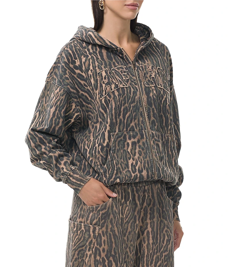 AFRM Cameron Leopard Print Logo Zip Up Hoodie