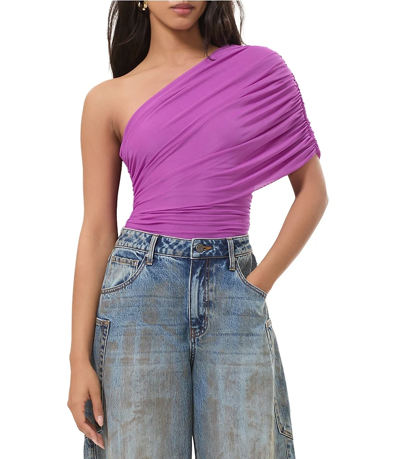 AFRM Campbell One Shoulder Drape Mesh Top