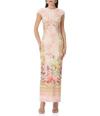 AFRM Cody Dew Drop Mesh Placement Printed Crew Neck Cap Sleeve Bodycon Maxi Dress