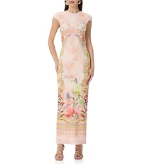 AFRM Cody Dew Drop Mesh Placement Printed Crew Neck Cap Sleeve Bodycon Maxi Dress