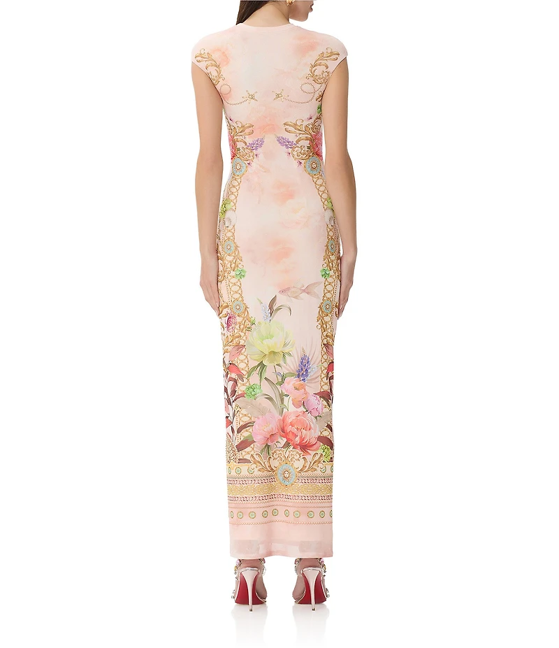 AFRM Cody Dew Drop Mesh Placement Printed Crew Neck Cap Sleeve Bodycon Maxi Dress