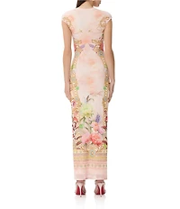 AFRM Cody Dew Drop Mesh Placement Printed Crew Neck Cap Sleeve Bodycon Maxi Dress