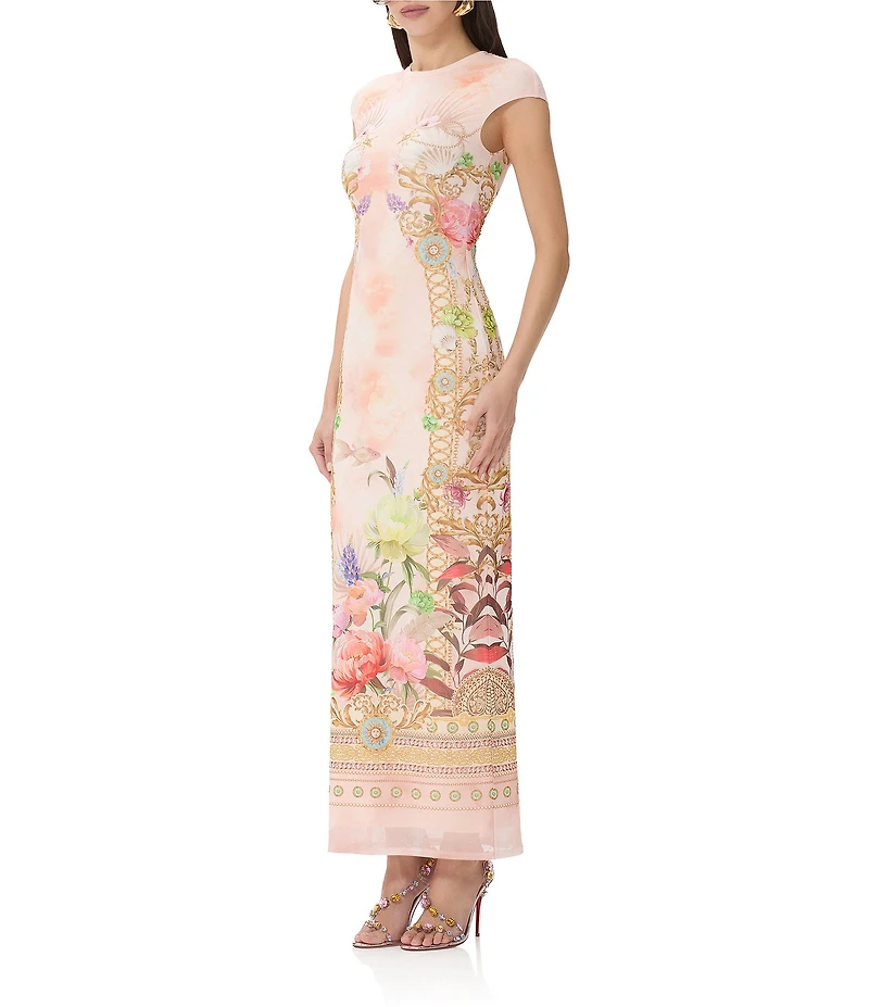 AFRM Cody Dew Drop Mesh Placement Printed Crew Neck Cap Sleeve Bodycon Maxi Dress