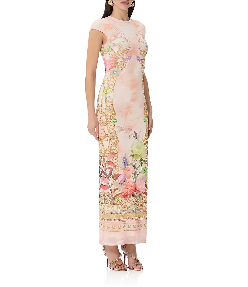 AFRM Cody Dew Drop Mesh Placement Printed Crew Neck Cap Sleeve Bodycon Maxi Dress